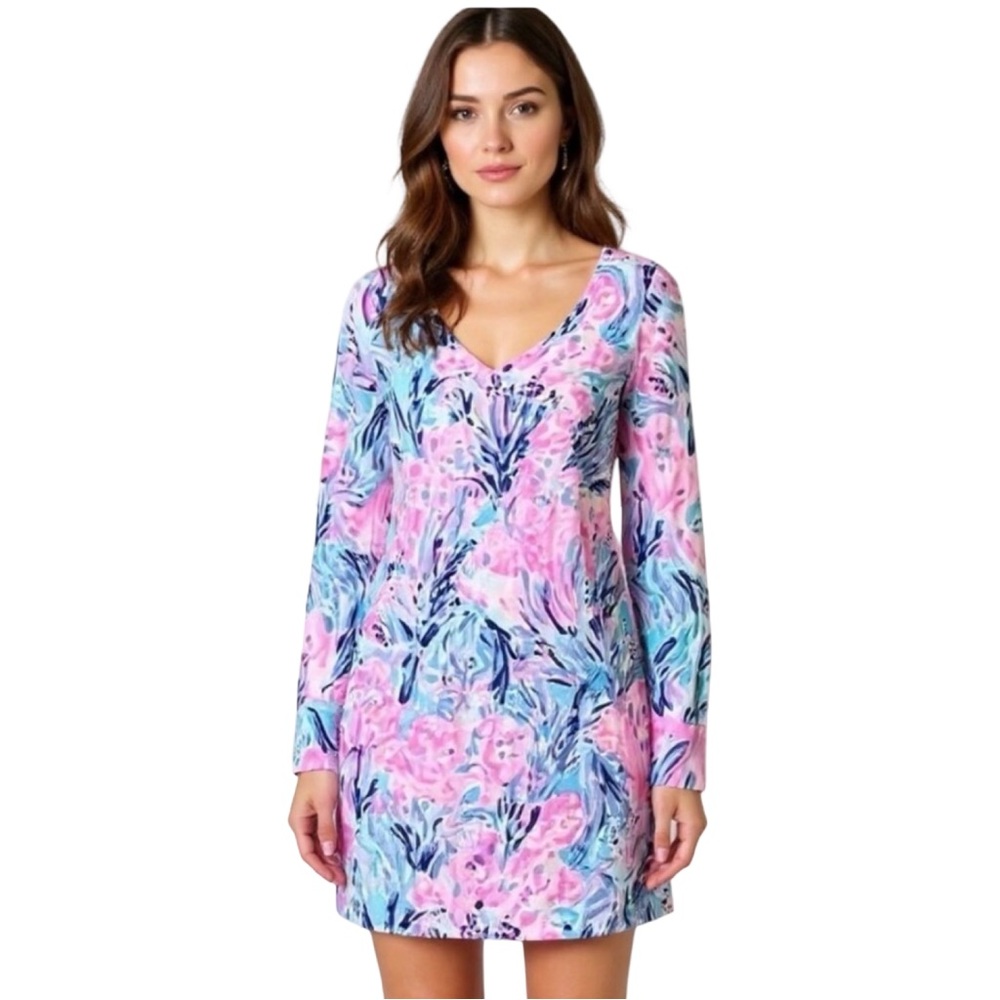 Lilly Pulitzer Davie Dress Long Sleeve Periwinkle Fan Sea Cotton 
Size XL NWT